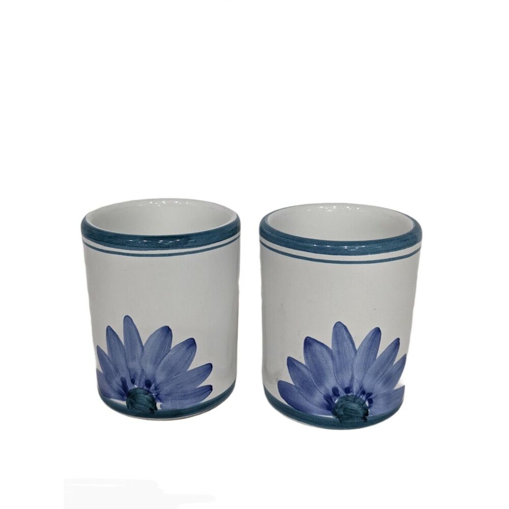 2 Vintage Caleca Mugs 4" Blue Flower Leaves Italian Made in Italy